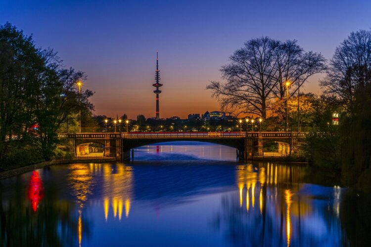 hamburg-Germany-Language-scholarship bridge with sunset in the background